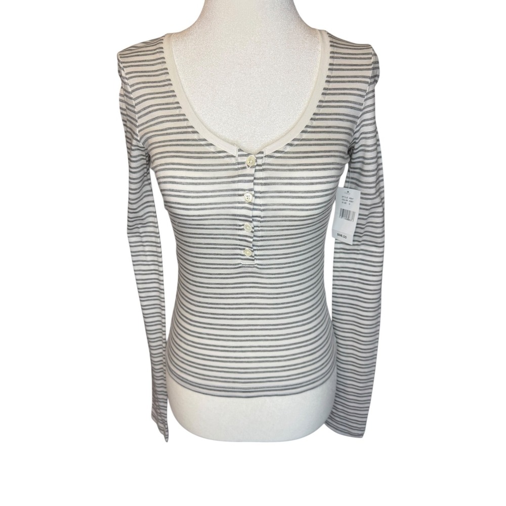 AG Adriano Goldschmied Womens Striped Henley Long Sleeve Top Grey White Size‎ S